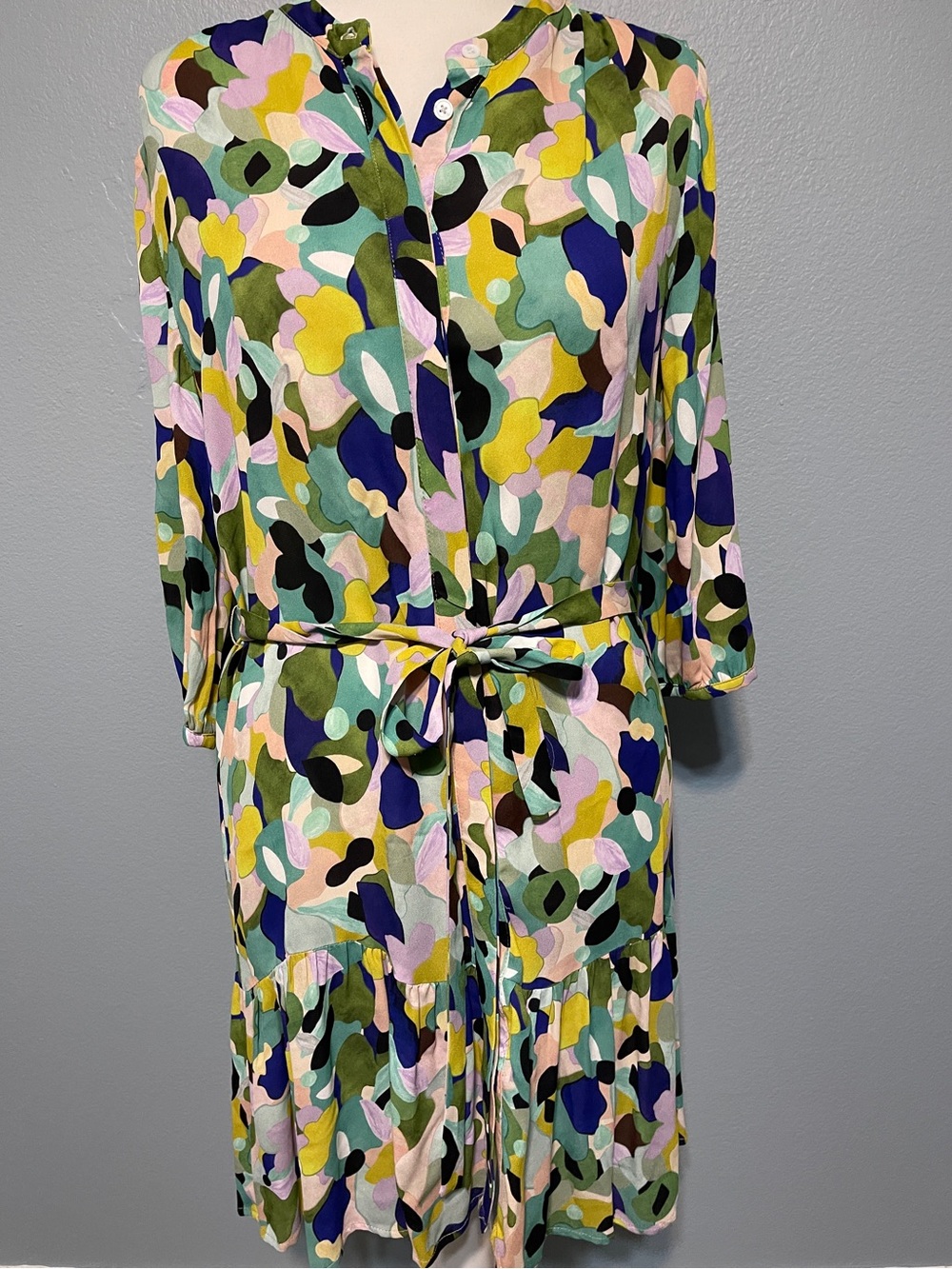 Tyler Boe Abstract Floral Print Midi Dress Tie Waist Ruffle Hem Resort Size 6